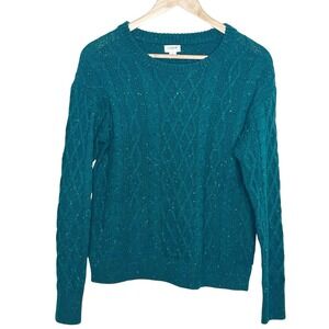 J Crew Cable Knit Sweater Green Womens Small Preppy Fisherman Crewneck Heritage